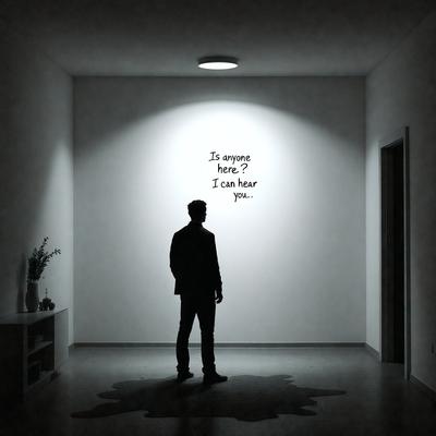 The primary subject of the image is a man standing in a room with a white wall. The setting appears to be a dark room, possibly a hallway or a room with a black background. The visual style of the image is a black and white photo, which adds a sense of drama and contrast to the scene. The man is wearing a suit, which suggests a formal or professional setting. The overall atmosphere of the image is mysterious and intriguing, as the man stands alone in the dark room, seemingly contemplating his